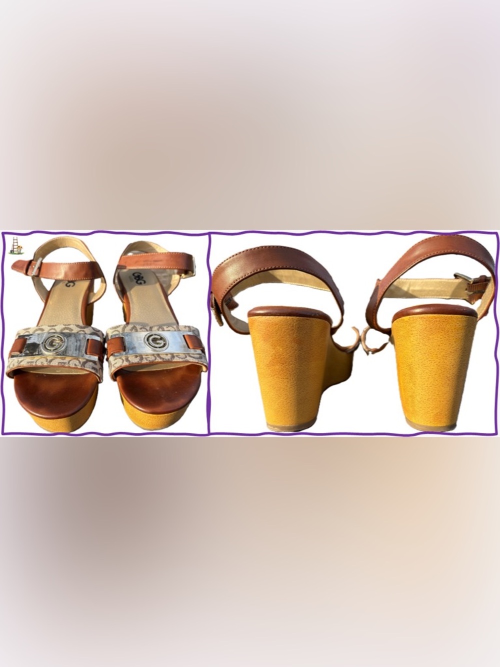 Guess Women's Brown Leather and Canvas Platform Sandals